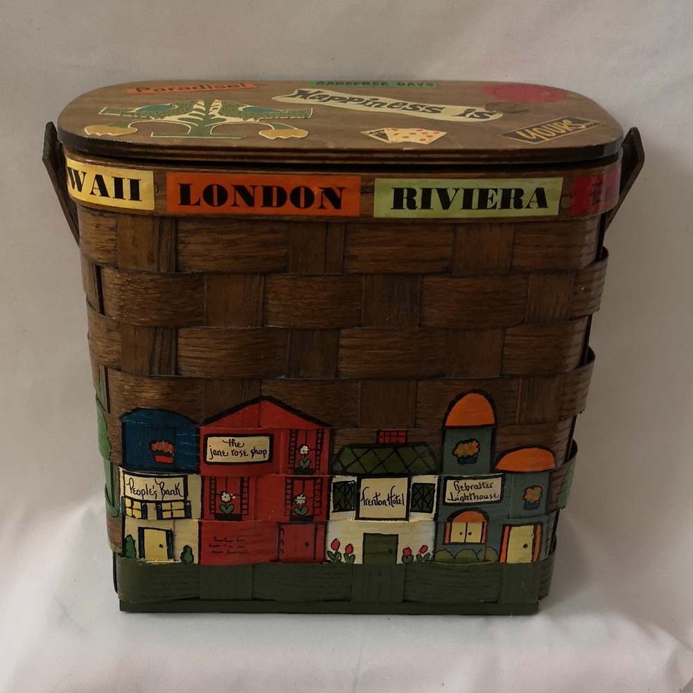 Gorgeous Vintage Caro-Nan Signed Hand-painted Basket Purse Travel Themed & Lined
